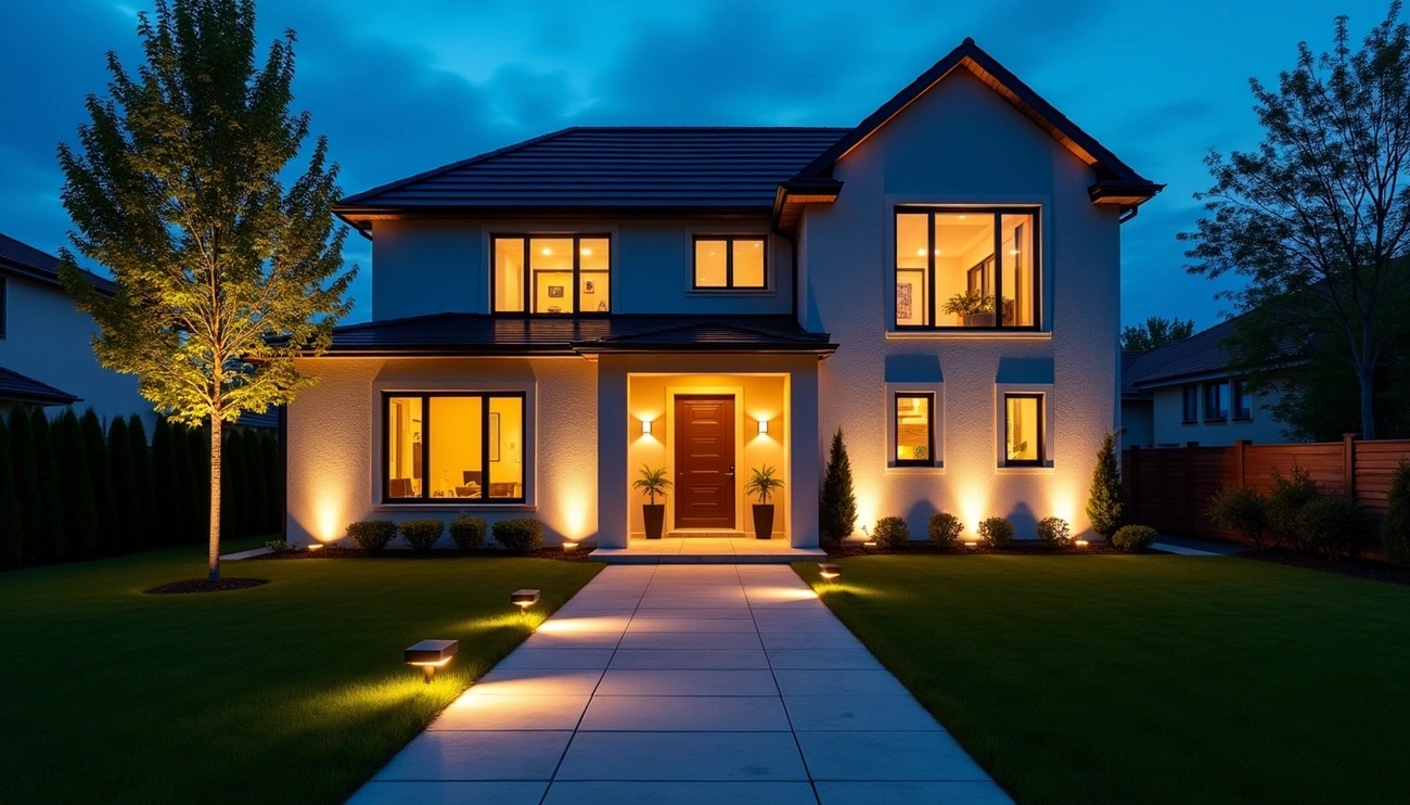 Modern house exterior illuminated by warm LED lights along the pathway and walls at dusk in spring 2026.