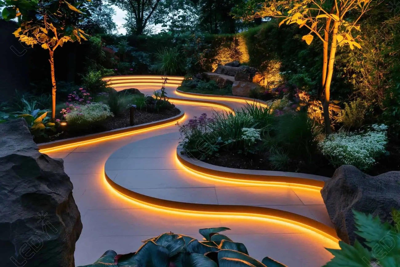 Curved garden path illuminated with warm LED strip lights highlighting landscaping and trees at dusk.
