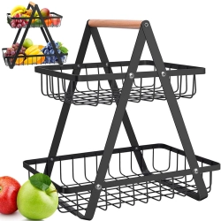 Półka kuchenna organizer kuchenny stojący dwupoziomowy loft z koszyczkiem - czarny metal z drewnianym uchwytem
