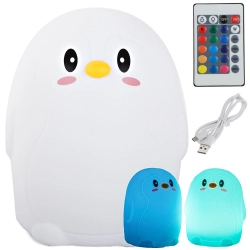 Lampka nocna dla dzieci LED pingwin RGB z pilotem i zasilaniem USB