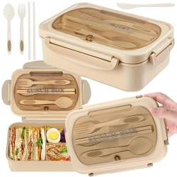 Lunchbox śniadaniówka pojemnik na śniadanie obiad z przegródkami i sztućcami Verk Group - beżowy z przezroczystą pokrywką i sztućcami w zestawie