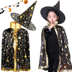 Strój przebranie kostium czarodziej czarodzieja halloween peleryna kapelusz — Czarny
