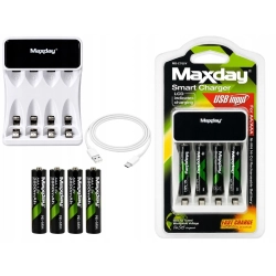 Ładowarka do akumulatorków AA i AAA z wyświetlaczem LCD, 4 akumulatorki AAA i kabel USB-C