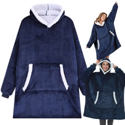 Ciepła bluza koc oversize xxl 2w1 gruba futrzak miękka z kapturem szlafrok — Granatowy