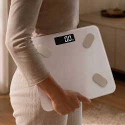 Waga łazienkowa elektroniczna 180 kg biała szklana LCD analityczna slim fit
