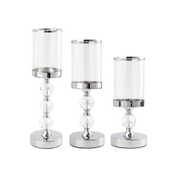 Świeczniki lampiony glamour metal szkło kryształowe komplet chromowy 3 szt