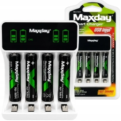 Ładowarka do akumulatorków AA i AAA z wyświetlaczem LCD, 4 akumulatorki AAA i kabel USB-C