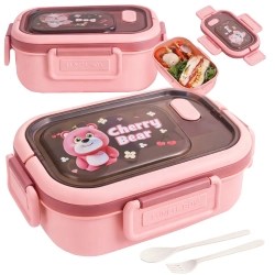 Lunchbox śniadaniówka pojemnik na śniadanie obiad z przegródkami sztućce Verk Group - różowy z misiem i napisem cherry bear
