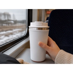 Kubek termiczny termos na gorące napoje kawa 380 ml z przyssawką anti-spill - biały matowy z pomarańczową przyssawką