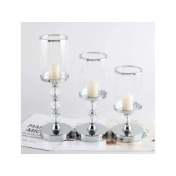 Świeczniki lampiony glamour metal szkło kryształowe komplet chromowy 3 szt