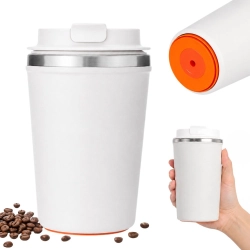 Kubek termiczny termos na gorące napoje kawa 380 ml z przyssawką anti-spill - biały matowy z pomarańczową przyssawką