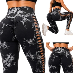 Legginsy damskie push up marmurkowe wysoki stan modelujące fitness S/M - czarne marmurkowe z wycięciami na bokach
