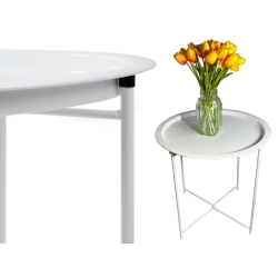 Stolik okrągły kawowy metalowy składany z tacą na taras balkon loft biały