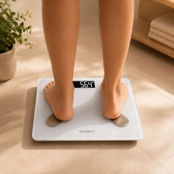 Waga łazienkowa elektroniczna 180 kg biała szklana LCD analityczna slim fit