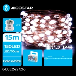 Lampki choinkowe drucikowe150 LED na 3 baterie AA Zimne 15m