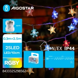 Lampki choinkowe gwiazdy i śnieżynki na 3 baterie AA, RGBY, 2,5m