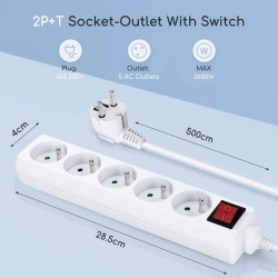 Listwa zasilająca na 5 gniazd typu francuskiego z przełącznikiem 5 MAX.2300W — zdjęcie 2
