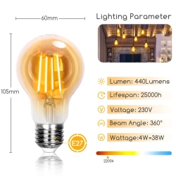 Żarówka LED Filament Bursztynowa A60 E27 4W
