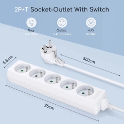 Przedłużacz na 5 gniazd bez przełącznika 5 metrów MAX.2300W