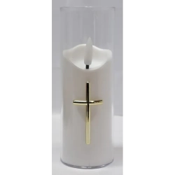 Świeca z krzyżem LED 5.5x15cm w osłonie z efektem płomienia 2xAA