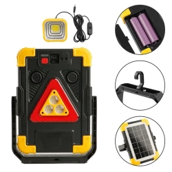 Trójkąt ostrzegawczy LED z funkcją lampy roboczej. Solarny 4 tryby 1500LM.