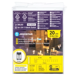 Lampki choinkowe spinacze 20 LED 3m na 3 baterie AA ciepłe światło do przytulnego klimatu