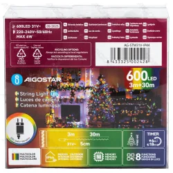 Sznur 30 m 600 LED RGBY z ciepłym światłem i zasilaczem IP44 do dekoracji świątecznych