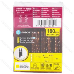 Kurtyna świetlna 0,9x1,8 m 180 ciepłych LED na 10 paskach z zasilaczem do przytulnego klimatu