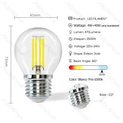 Żarówka LED Filament G45 E27 4W 470lm zimna do biura energooszczędna - żółte filamenty pionowe g45 e27