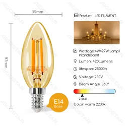 Żarówka LED Filament Bursztynowa C35 E14 4W energooszczędna do przytulnego klimatu