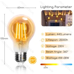Żarówka LED Filament Bursztynowa A60 E27 4W ciepła do salonu energiooszczędna