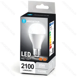 Żarówka LED A67 E27 20W 2100lm zimna do biura energooszczędna - opakowanie czarno-szare z pomarańczowymi oznaczeniami f