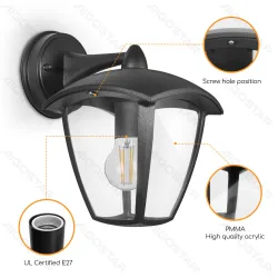 Lampa ścienna vintage czarna z gwintem E27 do przytulnego wnętrza - czarna lampa z przezroczystym kloszem i daszkiem