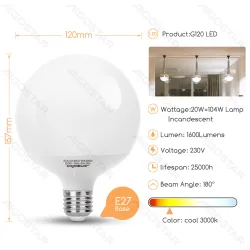 Żarówka LED G120 E27 20W 2060lm ciepła 2700K energooszczędna do salonu