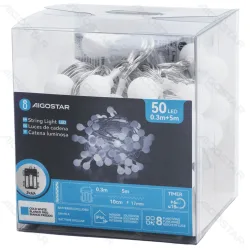 Lampki choinkowe mleczne kulki 50 LED 5m na 3 baterie AA zimne światło