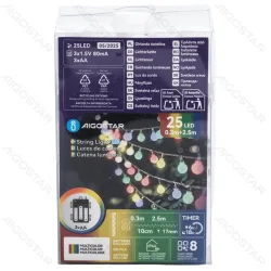 Lampki choinkowe mleczne kulki 25LED multikolor na 3 baterie AA 2,5m dla świątecznego nastroju