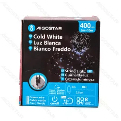 Sznur 10 m 400 LED zimnych lampek choinkowych IP44 z zasilaczem do dekoracji