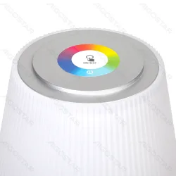 Akumulatorowa lampa biurkowa 4W RGB+CCT z dotykowym ściemnianiem i ładowaniem USB - biały klosz prążkowany, srebrna podstawa i trzon, panel dotykowy