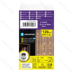 String Lights Battery 3AA Flat string lights Curtain Transparent cable Warm light 3M+0.9*1.2M 120LED 10cm spacing 8-Function Timer with Auto OFF IP44