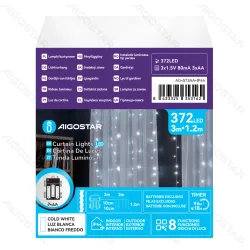 String Lights Battery 3AA Flat string lights Curtain Transparent cable White light 3M+3*1.2M 372LED 10cm spacing 8-Function Timer with Auto OFF IP44
