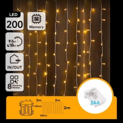 Lampki choinkowe kurtyna 200led na 3 baterie AA, Ciepła biel, 2m x 2m