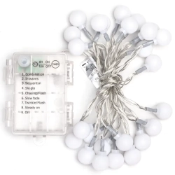 Lampki choinkowe mleczne kulki 25LED na 3 baterie AA, Ciepłe 2,5m