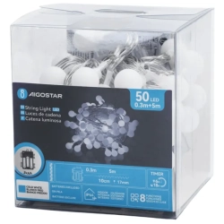 Lampki choinkowe mleczne kulki 50 LED na 3 baterie AA, Zimne 5m