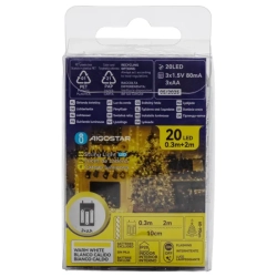 Lampki choinkowe drucikowe 20LED na 3 baterie AA, Ciepła biel, 2m