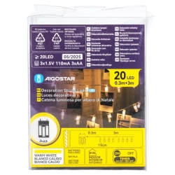 Lampki choinkowe w kształcie spinaczy 20led na 3 baterie AA - 3m Ciepłe