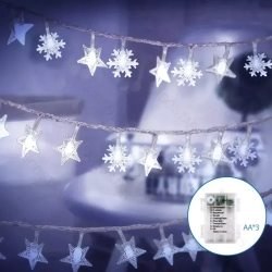 Lampki choinkowe gwiazdy i śnieżynki 50 LED na 3 baterie AA, 5m Zimne