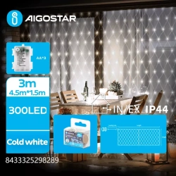 Lampki choinkowe siatka 300LED na 3 baterie AA, Zimna 4,5 x 1,5m