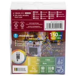 Sznur 7.5mb 150led RGBY (kolor+ciepła) lampek choinkowych Ip44 z zasilaczem