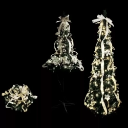 Składana choinka 150x50cm srebrno-złote dekoracje 8 trybów zimna biel