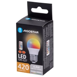 Żarówka LED G45 E27 4.8W RGB+3000K kolorowa i ciepła kulka z pilotem Aigostar